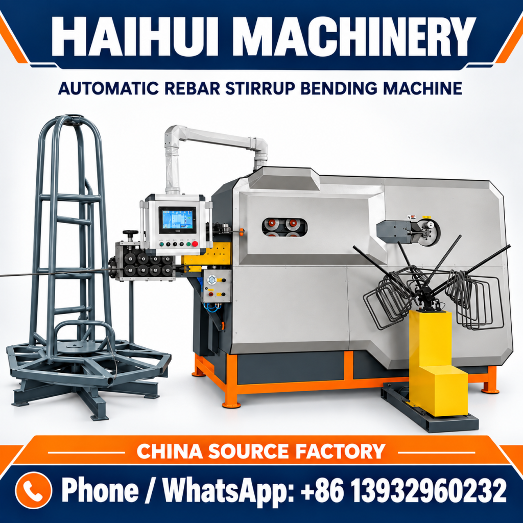 Haihui automatic rebar stirrup bending machine, China source factory, Phone and WhatsApp +86 13932960232